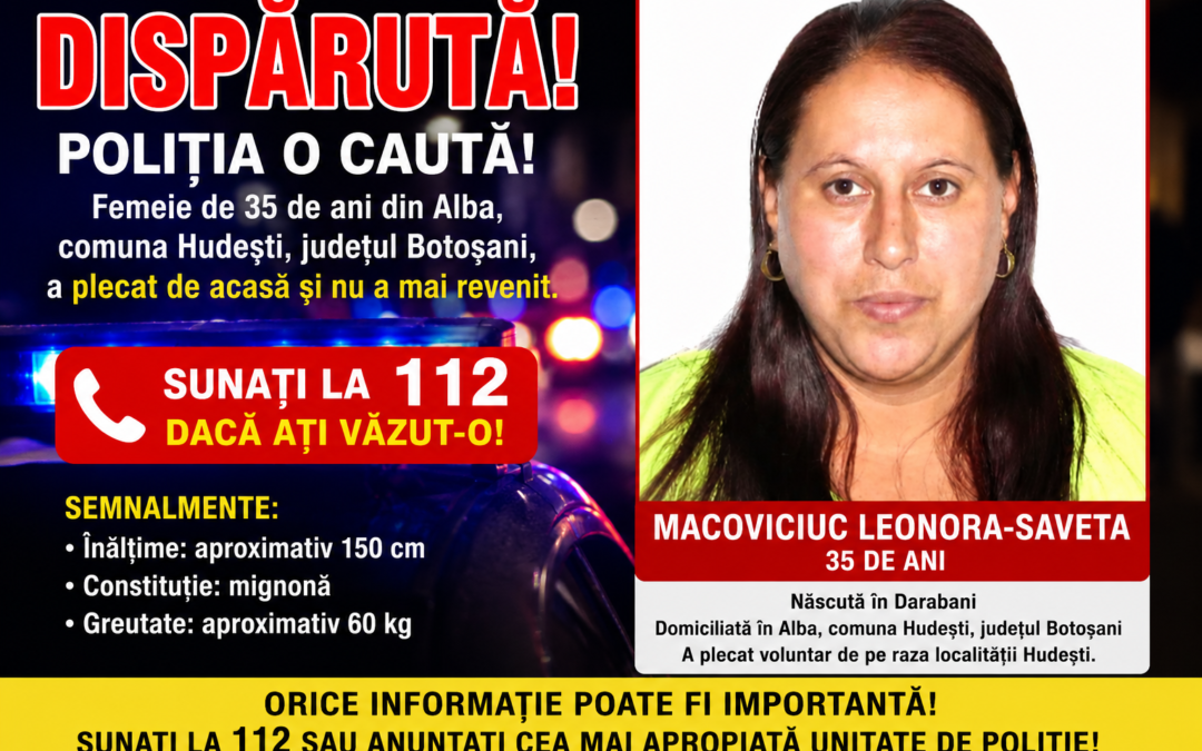 Femeie de 35 de ani din Alba, comuna Hudești, dată dispărută. Poliția o caută
