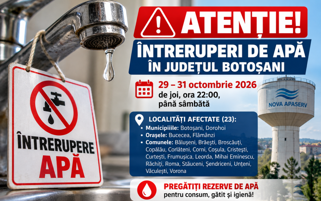 Atenție! Oprire masivă a apei în județul Botoșani! Două municipii, două orașe și 19 comune, afectate de lucrările Nova Apaserv
